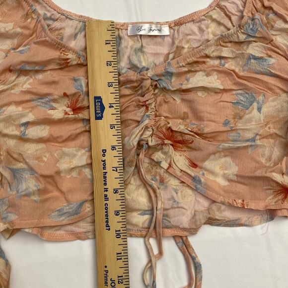 Ruched Tie Front Crop Top Long Sleeve Pink Floral Boho Peasant Soft Gauzy Large - Picture 6 of 10